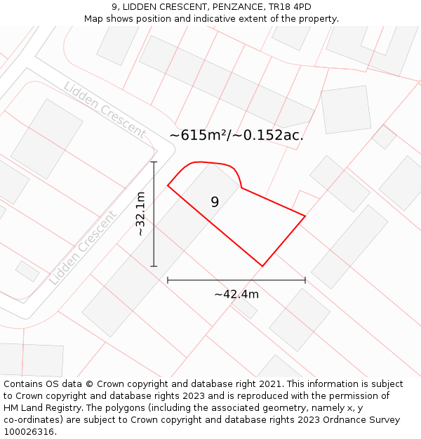 9, LIDDEN CRESCENT, PENZANCE, TR18 4PD: Plot and title map