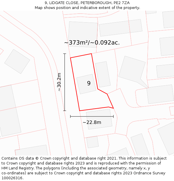 9, LIDGATE CLOSE, PETERBOROUGH, PE2 7ZA: Plot and title map
