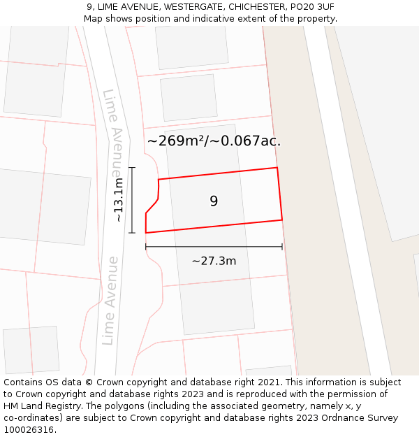 9, LIME AVENUE, WESTERGATE, CHICHESTER, PO20 3UF: Plot and title map