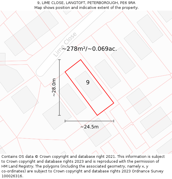 9, LIME CLOSE, LANGTOFT, PETERBOROUGH, PE6 9RA: Plot and title map