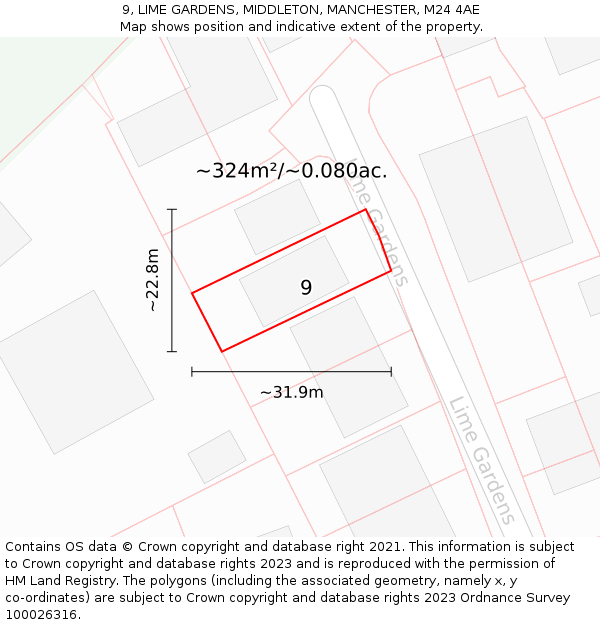 9, LIME GARDENS, MIDDLETON, MANCHESTER, M24 4AE: Plot and title map