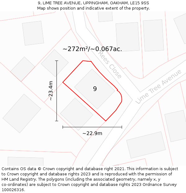 9, LIME TREE AVENUE, UPPINGHAM, OAKHAM, LE15 9SS: Plot and title map