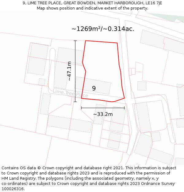 9, LIME TREE PLACE, GREAT BOWDEN, MARKET HARBOROUGH, LE16 7JE: Plot and title map