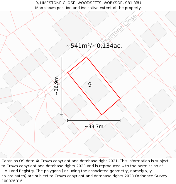9, LIMESTONE CLOSE, WOODSETTS, WORKSOP, S81 8RU: Plot and title map