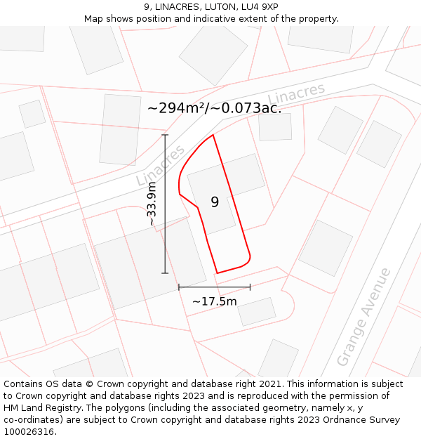 9, LINACRES, LUTON, LU4 9XP: Plot and title map