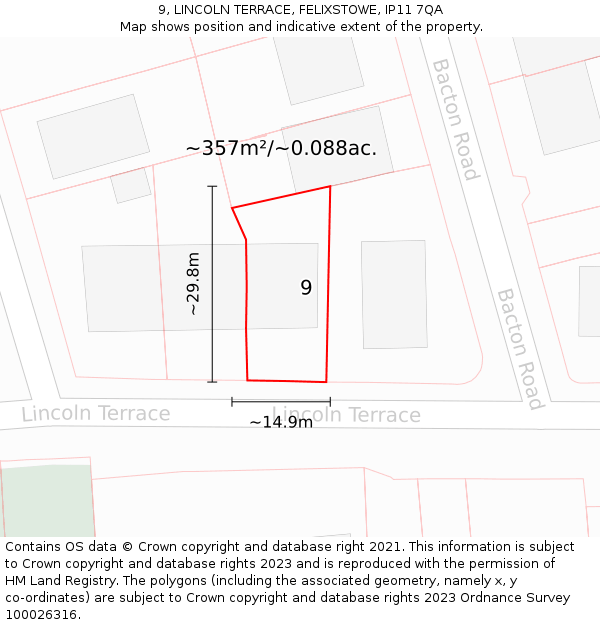 9, LINCOLN TERRACE, FELIXSTOWE, IP11 7QA: Plot and title map