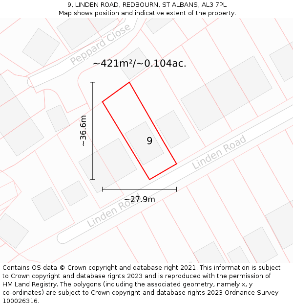 9, LINDEN ROAD, REDBOURN, ST ALBANS, AL3 7PL: Plot and title map