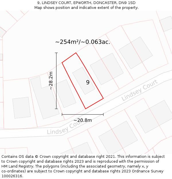 9, LINDSEY COURT, EPWORTH, DONCASTER, DN9 1SD: Plot and title map