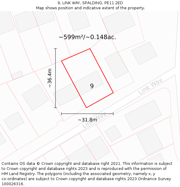 9, LINK WAY, SPALDING, PE11 2ED: Plot and title map