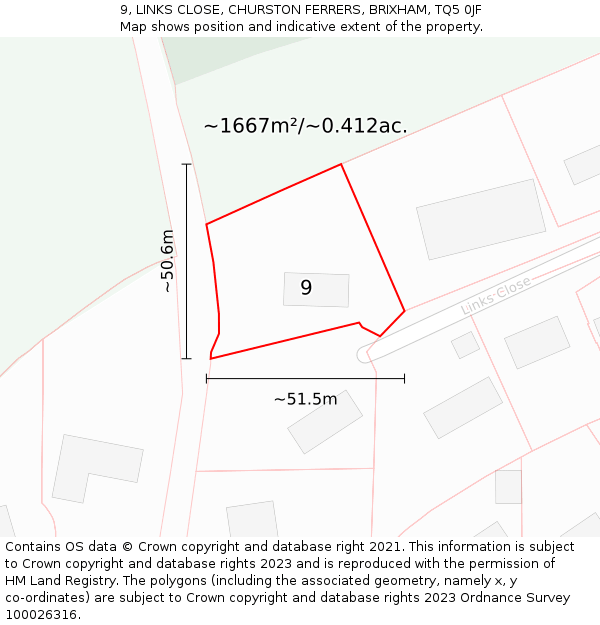 9, LINKS CLOSE, CHURSTON FERRERS, BRIXHAM, TQ5 0JF: Plot and title map