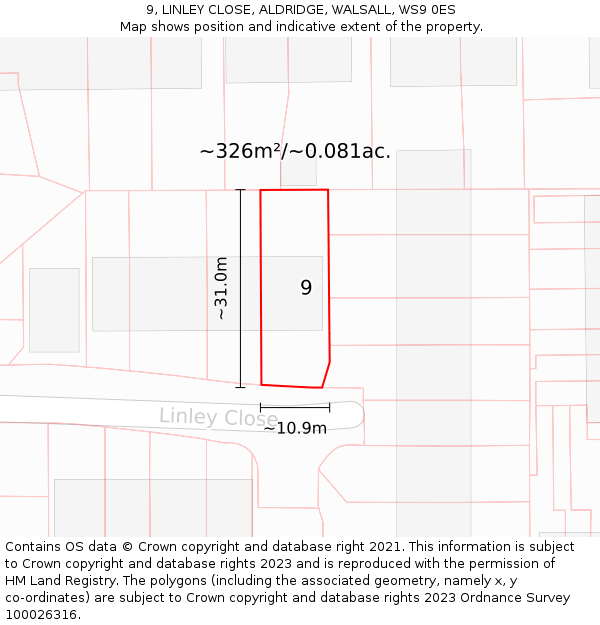 9, LINLEY CLOSE, ALDRIDGE, WALSALL, WS9 0ES: Plot and title map