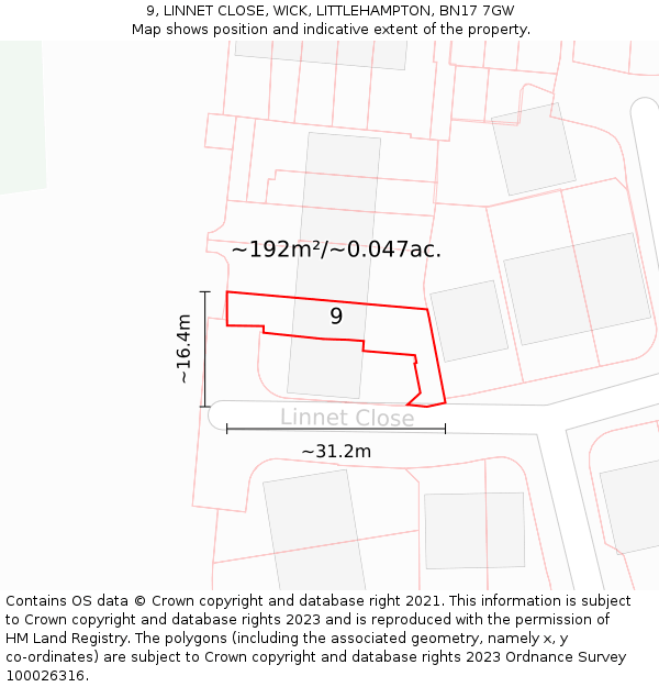 9, LINNET CLOSE, WICK, LITTLEHAMPTON, BN17 7GW: Plot and title map
