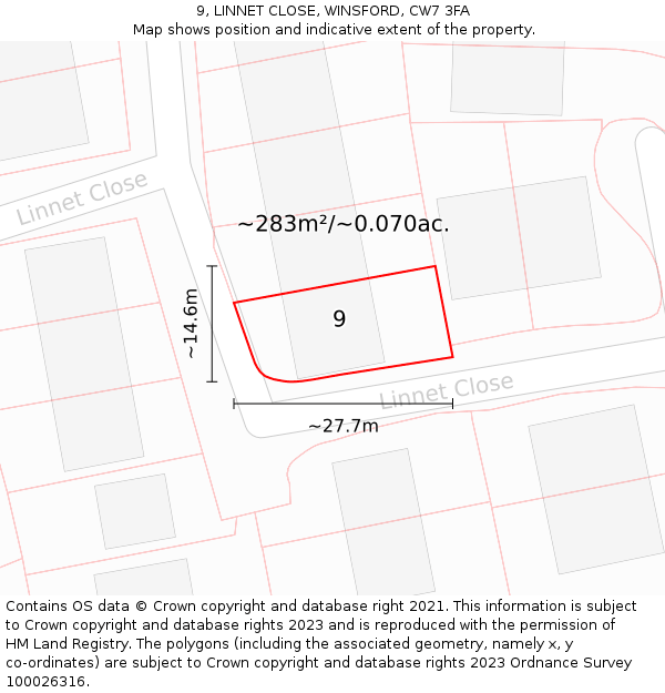 9, LINNET CLOSE, WINSFORD, CW7 3FA: Plot and title map