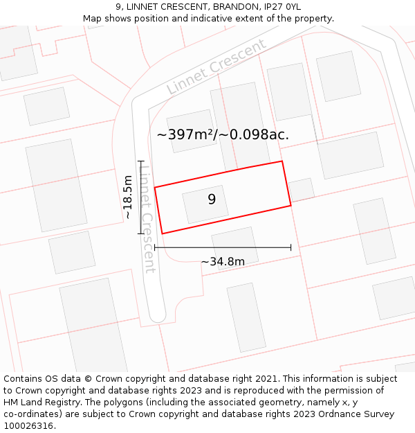 9, LINNET CRESCENT, BRANDON, IP27 0YL: Plot and title map