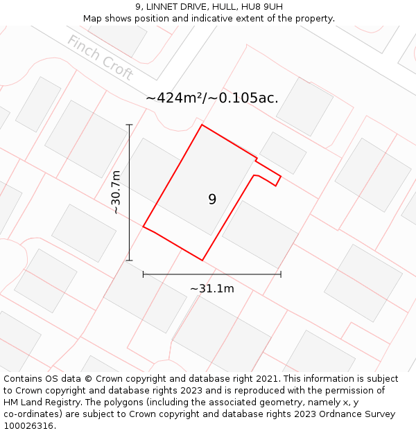 9, LINNET DRIVE, HULL, HU8 9UH: Plot and title map