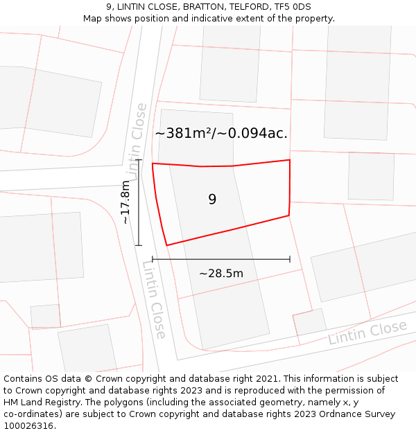 9, LINTIN CLOSE, BRATTON, TELFORD, TF5 0DS: Plot and title map