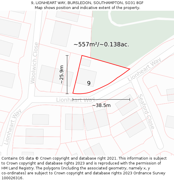 9, LIONHEART WAY, BURSLEDON, SOUTHAMPTON, SO31 8GF: Plot and title map
