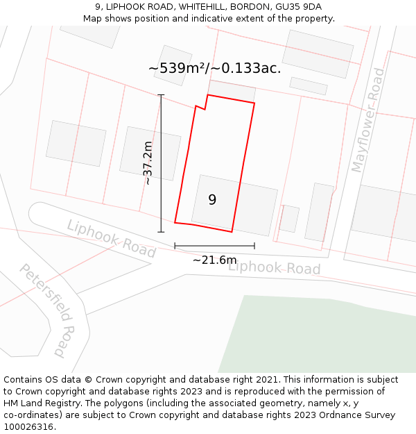9, LIPHOOK ROAD, WHITEHILL, BORDON, GU35 9DA: Plot and title map