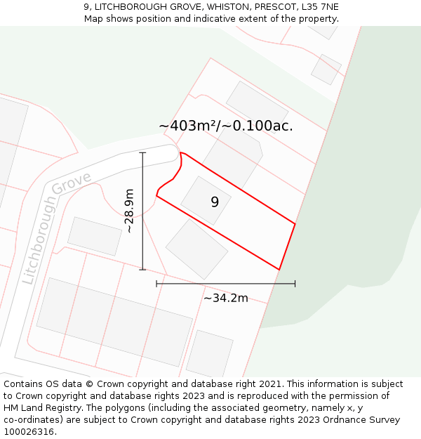 9, LITCHBOROUGH GROVE, WHISTON, PRESCOT, L35 7NE: Plot and title map