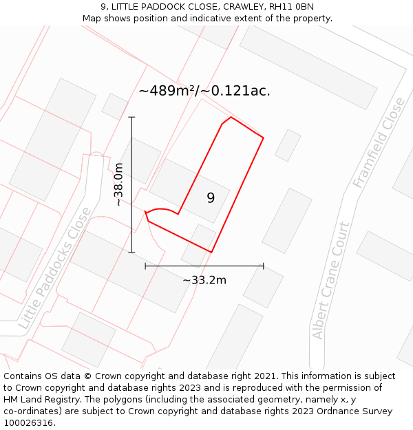 9, LITTLE PADDOCK CLOSE, CRAWLEY, RH11 0BN: Plot and title map