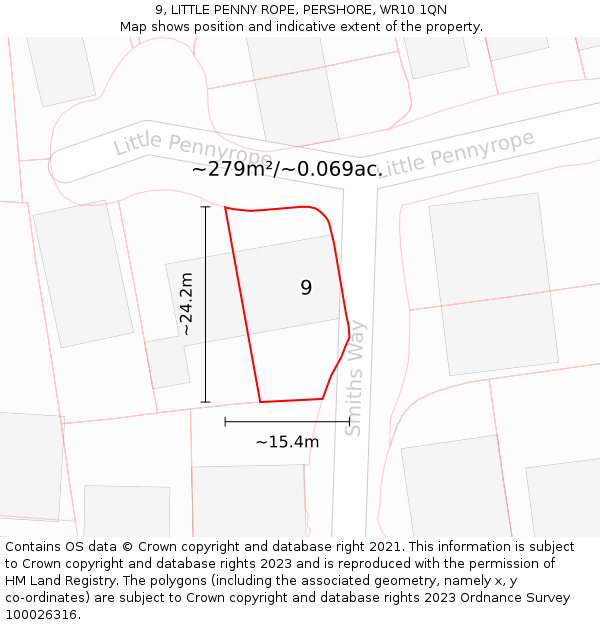 9, LITTLE PENNY ROPE, PERSHORE, WR10 1QN: Plot and title map