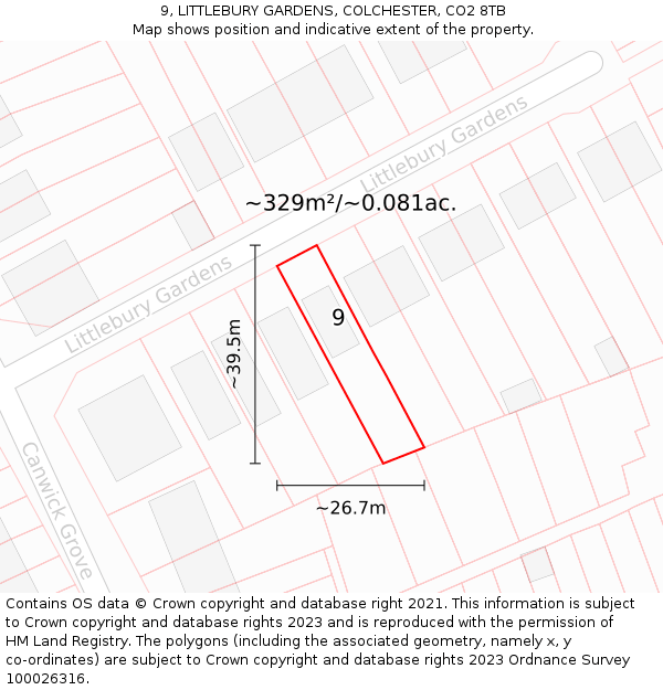 9, LITTLEBURY GARDENS, COLCHESTER, CO2 8TB: Plot and title map