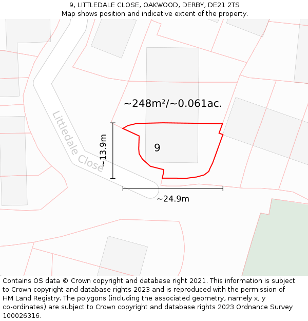 9, LITTLEDALE CLOSE, OAKWOOD, DERBY, DE21 2TS: Plot and title map
