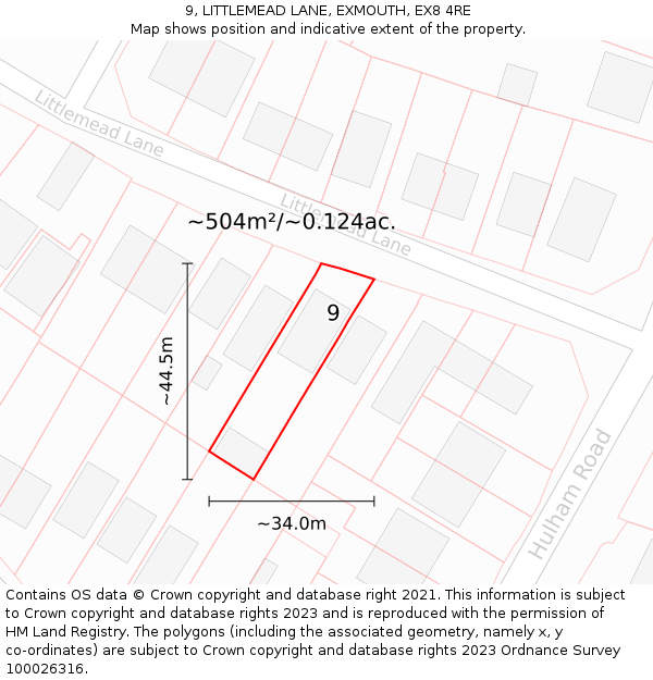 9, LITTLEMEAD LANE, EXMOUTH, EX8 4RE: Plot and title map