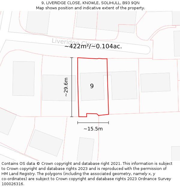 9, LIVERIDGE CLOSE, KNOWLE, SOLIHULL, B93 9QN: Plot and title map