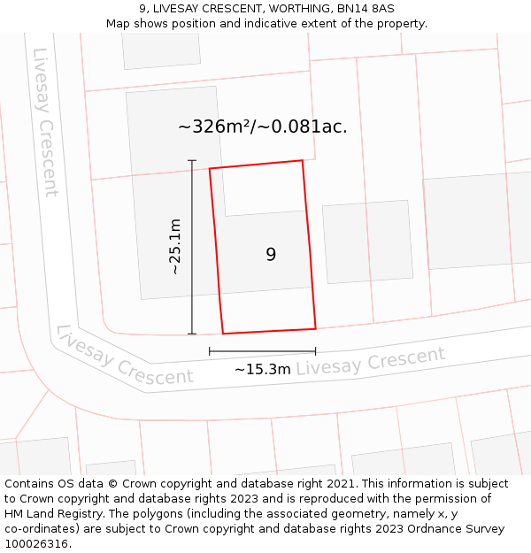 9, LIVESAY CRESCENT, WORTHING, BN14 8AS: Plot and title map