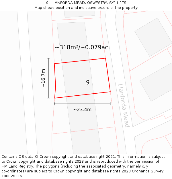9, LLANFORDA MEAD, OSWESTRY, SY11 1TS: Plot and title map