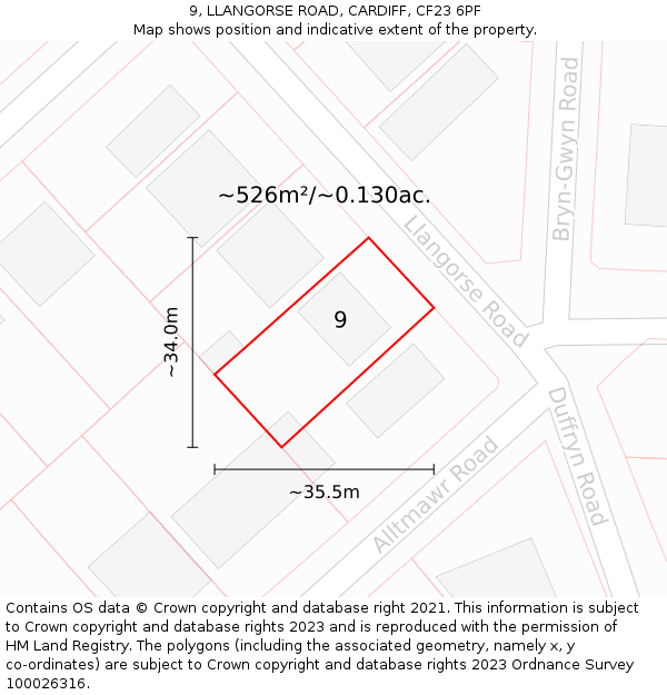 9, LLANGORSE ROAD, CARDIFF, CF23 6PF: Plot and title map