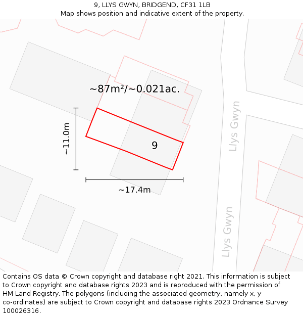 9, LLYS GWYN, BRIDGEND, CF31 1LB: Plot and title map