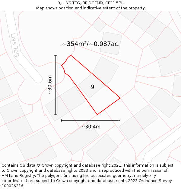 9, LLYS TEG, BRIDGEND, CF31 5BH: Plot and title map