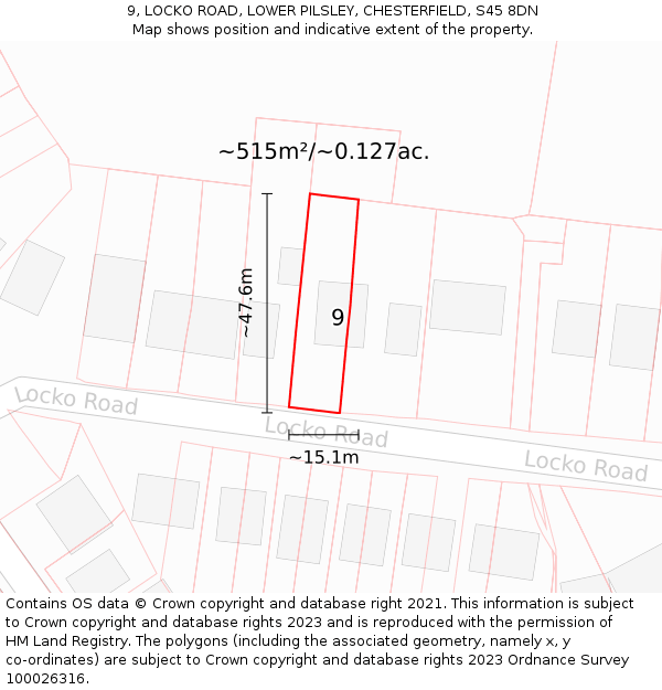 9, LOCKO ROAD, LOWER PILSLEY, CHESTERFIELD, S45 8DN: Plot and title map