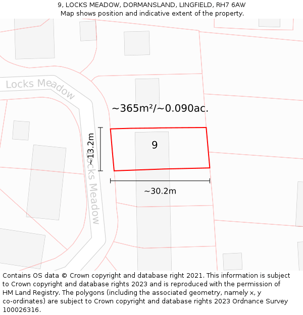 9, LOCKS MEADOW, DORMANSLAND, LINGFIELD, RH7 6AW: Plot and title map