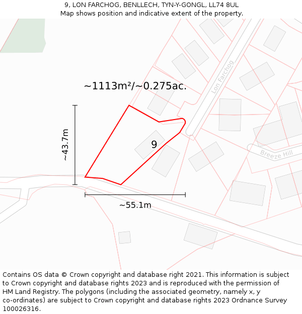 9, LON FARCHOG, BENLLECH, TYN-Y-GONGL, LL74 8UL: Plot and title map