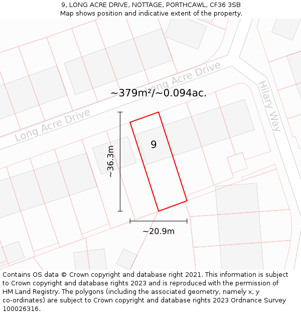 9, LONG ACRE DRIVE, NOTTAGE, PORTHCAWL, CF36 3SB: Plot and title map