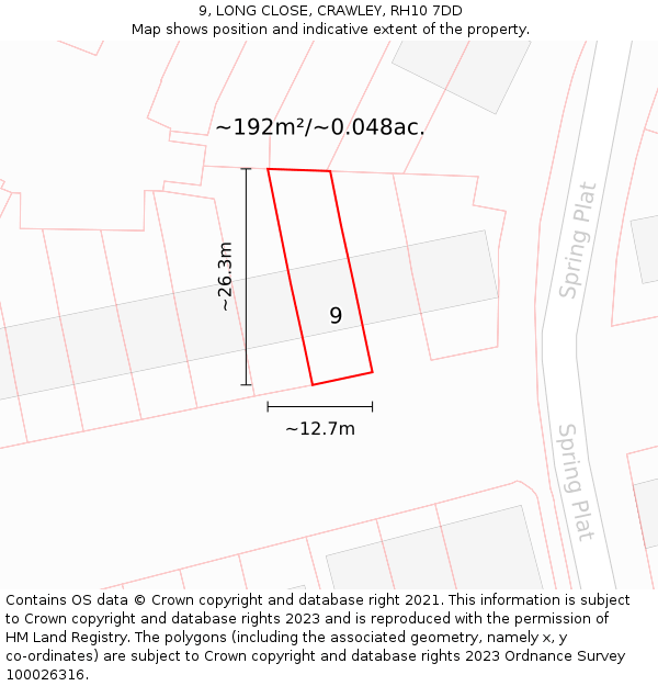 9, LONG CLOSE, CRAWLEY, RH10 7DD: Plot and title map