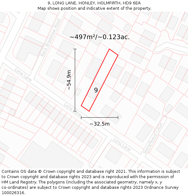 9, LONG LANE, HONLEY, HOLMFIRTH, HD9 6EA: Plot and title map