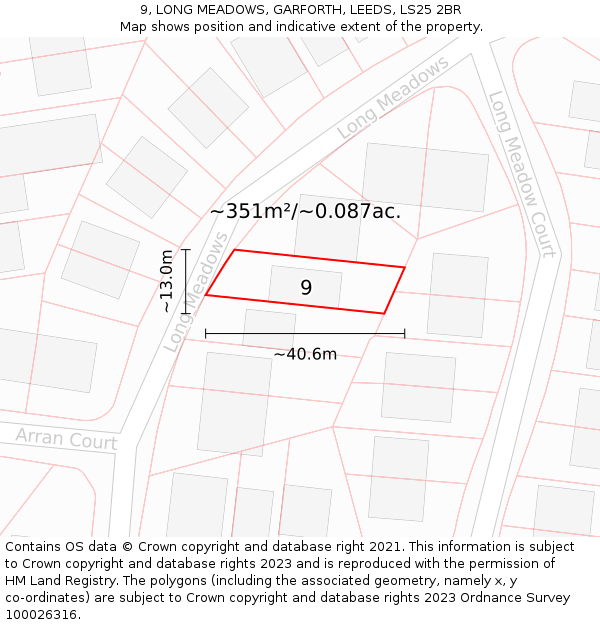 9, LONG MEADOWS, GARFORTH, LEEDS, LS25 2BR: Plot and title map