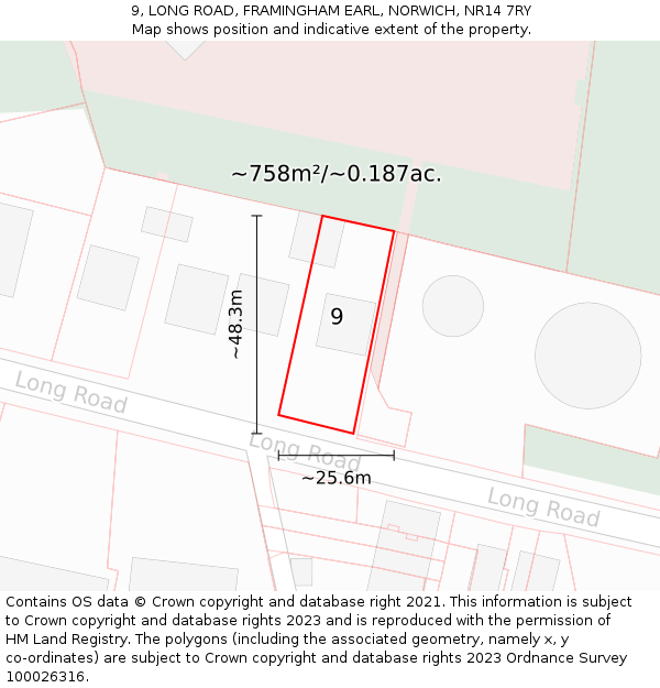 9, LONG ROAD, FRAMINGHAM EARL, NORWICH, NR14 7RY: Plot and title map
