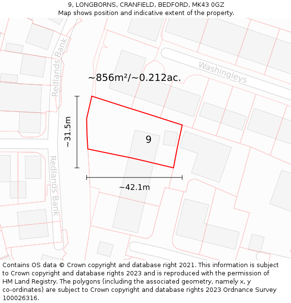 9, LONGBORNS, CRANFIELD, BEDFORD, MK43 0GZ: Plot and title map