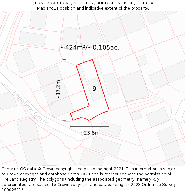 9, LONGBOW GROVE, STRETTON, BURTON-ON-TRENT, DE13 0XP: Plot and title map