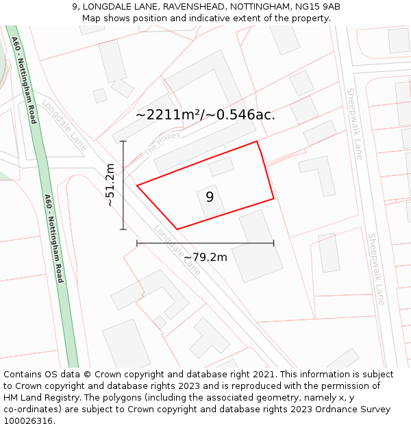 9, LONGDALE LANE, RAVENSHEAD, NOTTINGHAM, NG15 9AB: Plot and title map