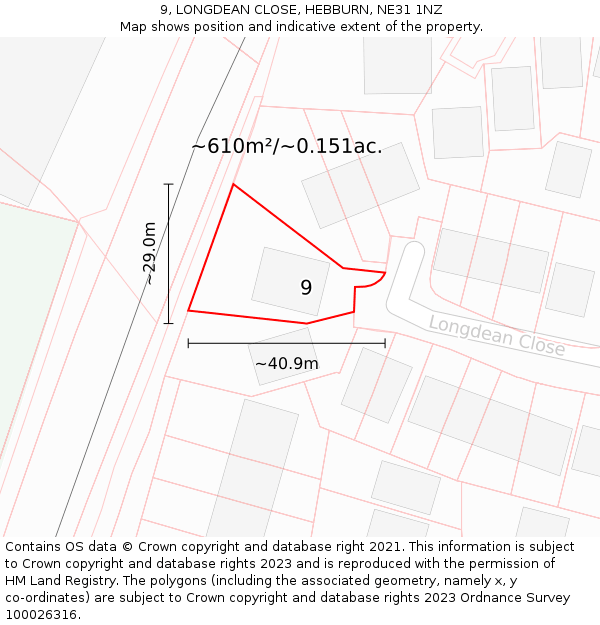 9, LONGDEAN CLOSE, HEBBURN, NE31 1NZ: Plot and title map