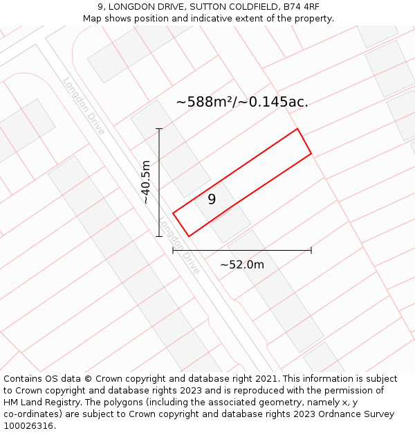 9, LONGDON DRIVE, SUTTON COLDFIELD, B74 4RF: Plot and title map