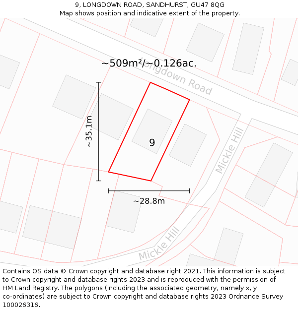 9, LONGDOWN ROAD, SANDHURST, GU47 8QG: Plot and title map