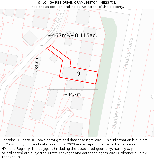 9, LONGHIRST DRIVE, CRAMLINGTON, NE23 7XL: Plot and title map