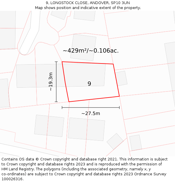 9, LONGSTOCK CLOSE, ANDOVER, SP10 3UN: Plot and title map